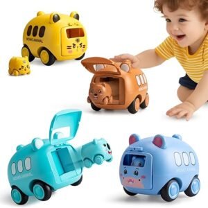 Push and Go Cars for Toddlers 1-3, 4 Pack Launcher Zoo Animal Car Toys for 1 to 4 Years
